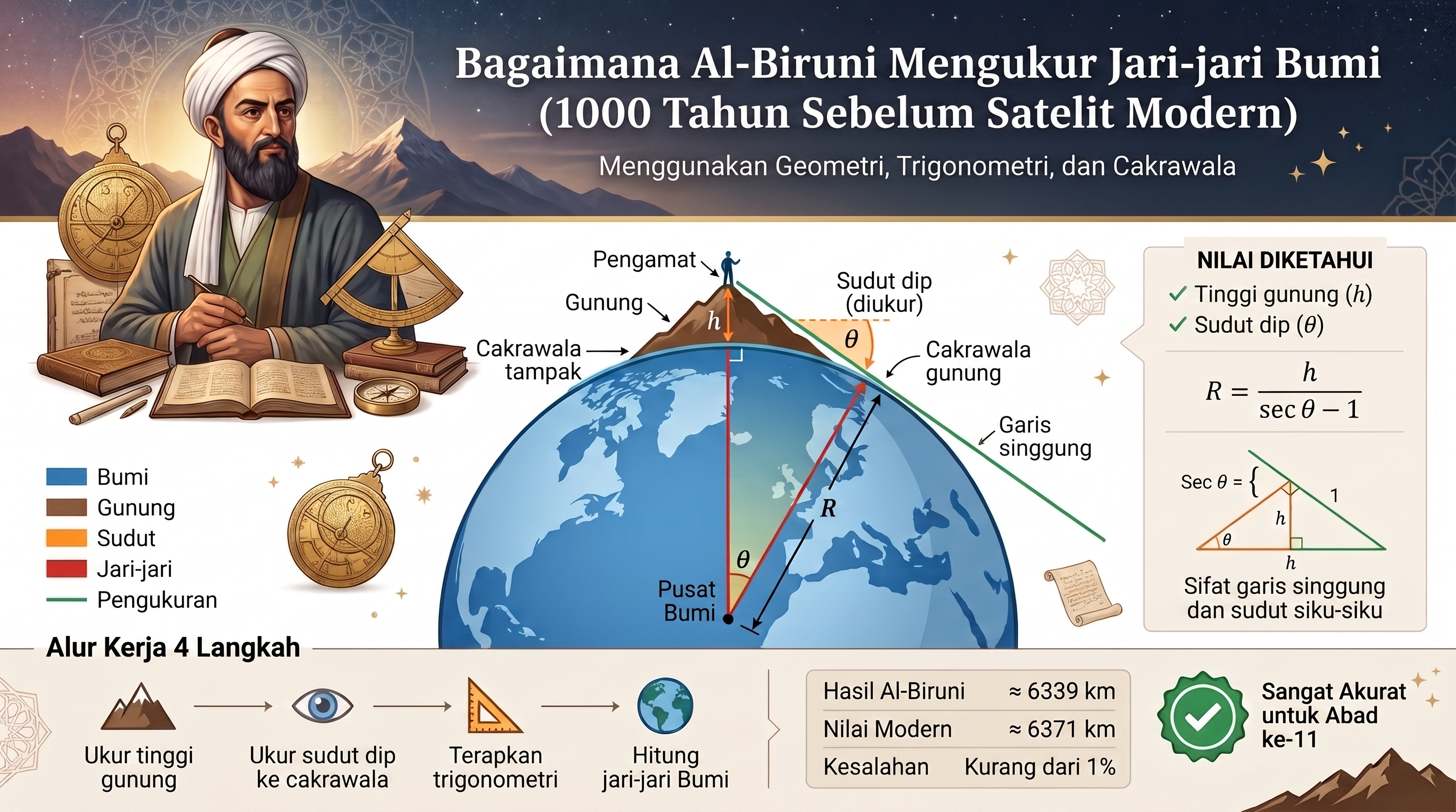 Infografis metode Al-Biruni mengukur jari-jari Bumi menggunakan sudut dip dari puncak gunung