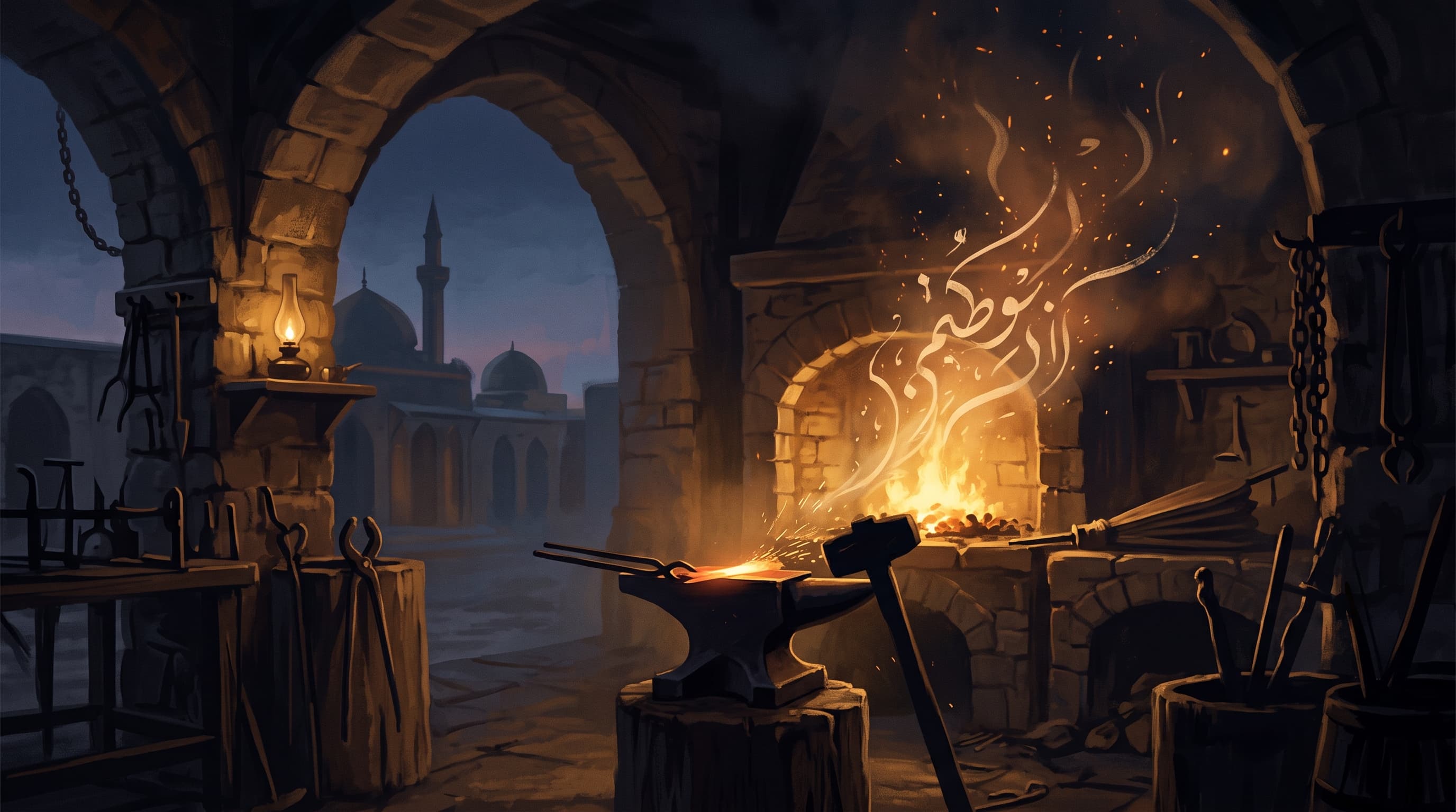 Ilustrasi forge pandai besi klasik dengan kaligrafi Arab dari kata anzalna melayang di antara bara api, melambangkan tradisi tafsir klasik tentang besi