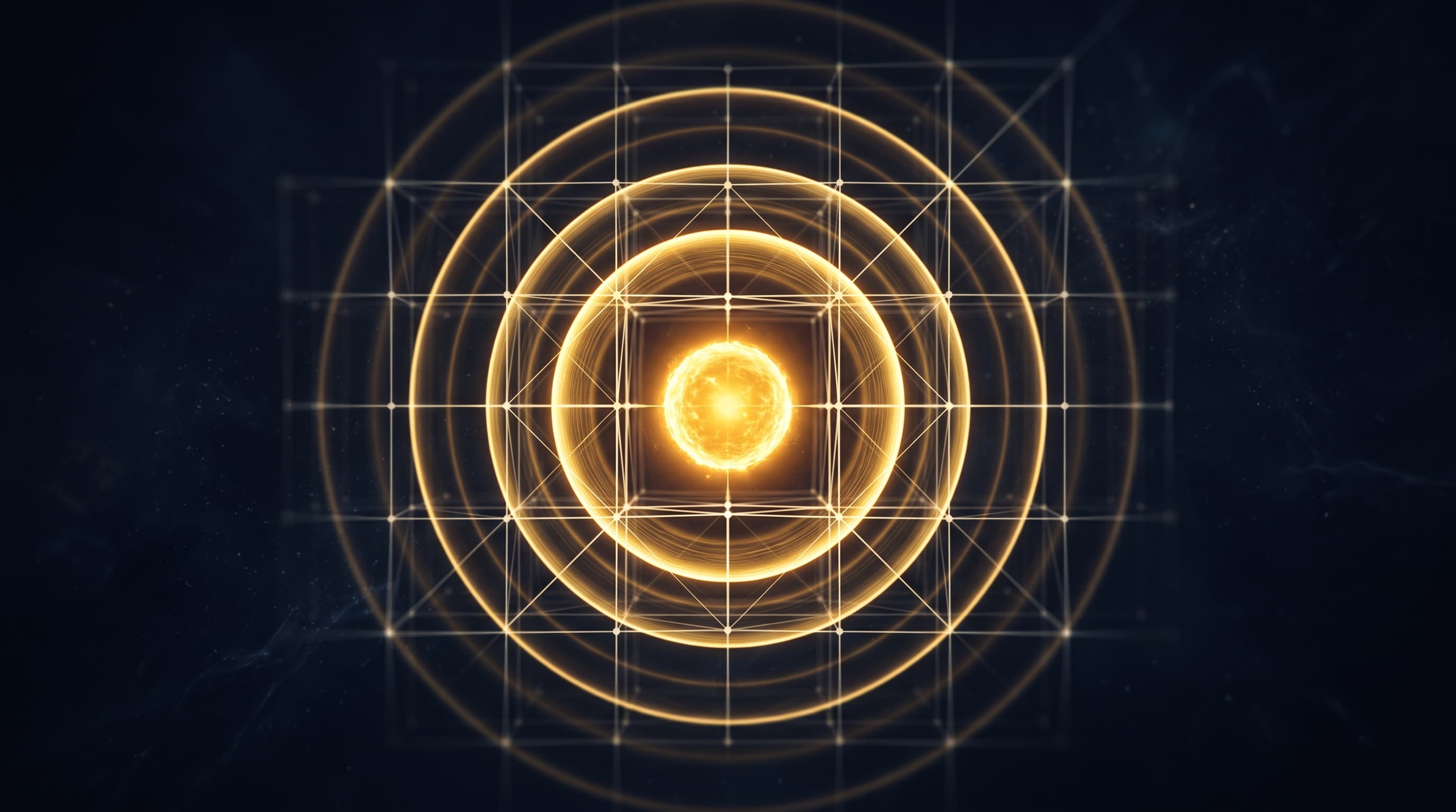 Visualisasi abstrak inti atom besi-57 memancarkan sinar gamma bebas pentalan dalam kisi kristal, ilustrasi Efek Mössbauer
