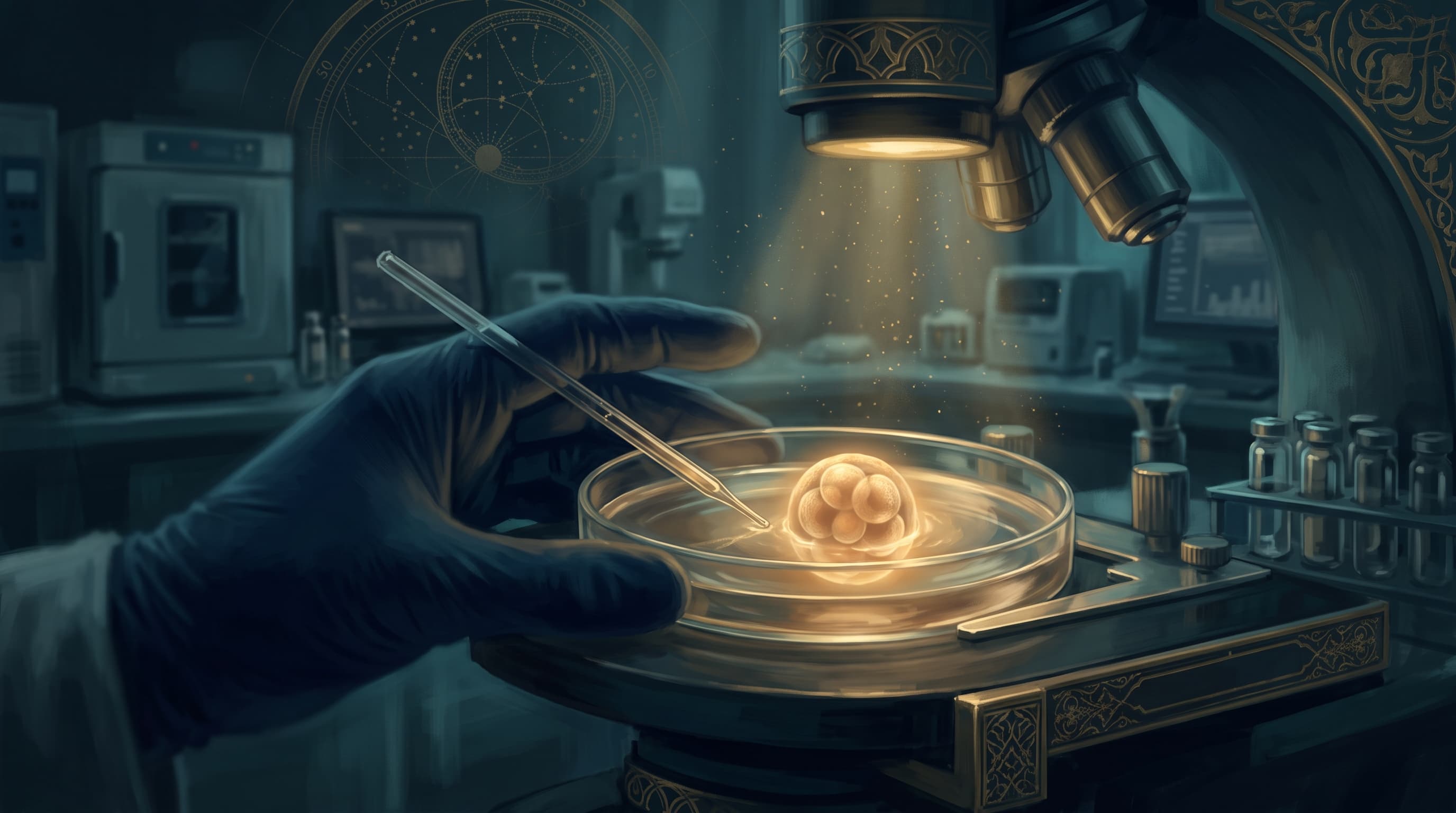 Ilustrasi embrio manusia fase cleavage yang menyala lembut di dalam cawan petri laboratorium modern, dengan siluet tangan dokter memegang pipet mikro