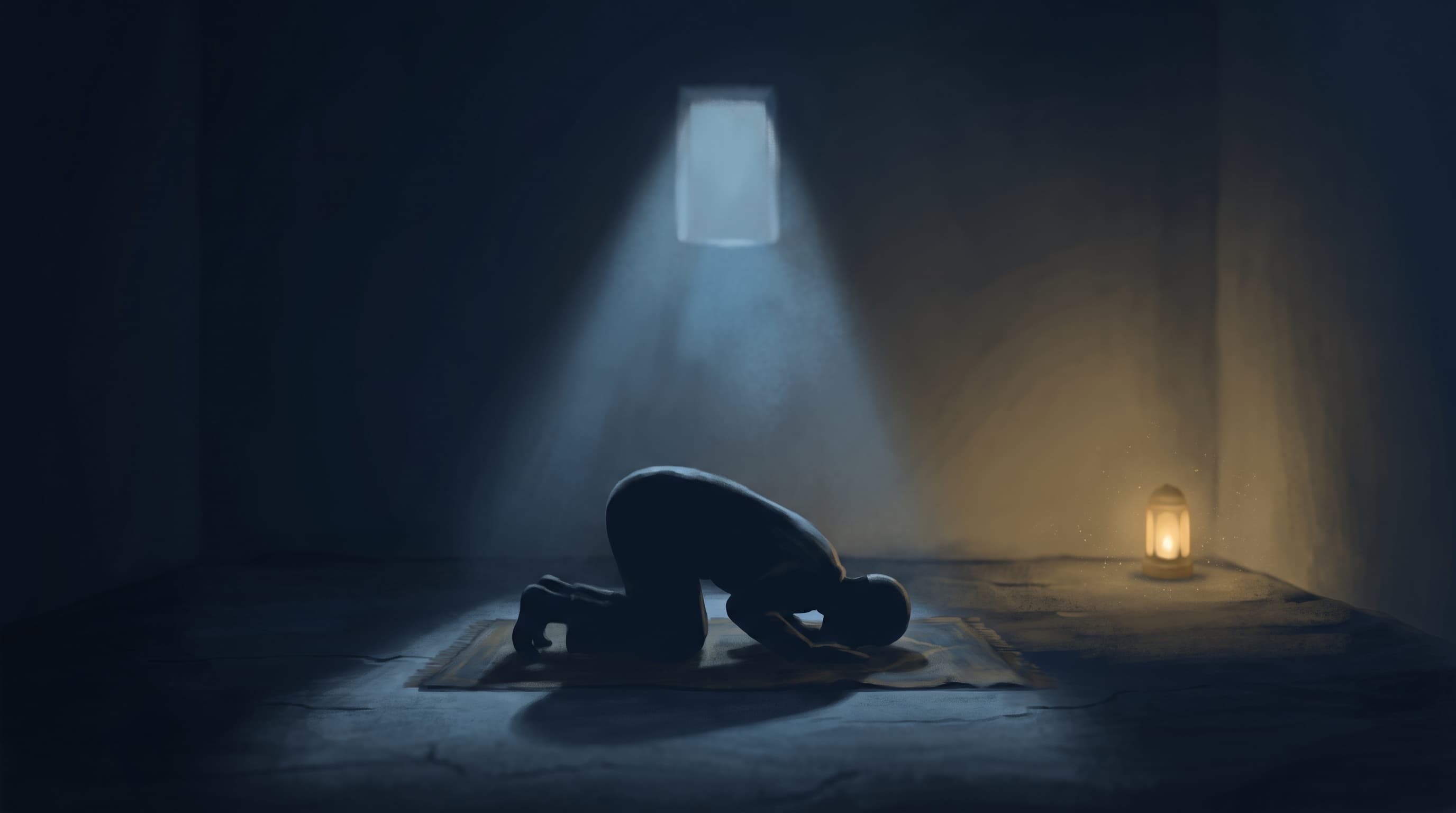 Siluet seseorang bersujud sendirian di ruang salat yang temaram diterangi cahaya bulan, melambangkan qiyamul lail dan keintiman spiritual 'Ibadur Rahman di kesunyian malam