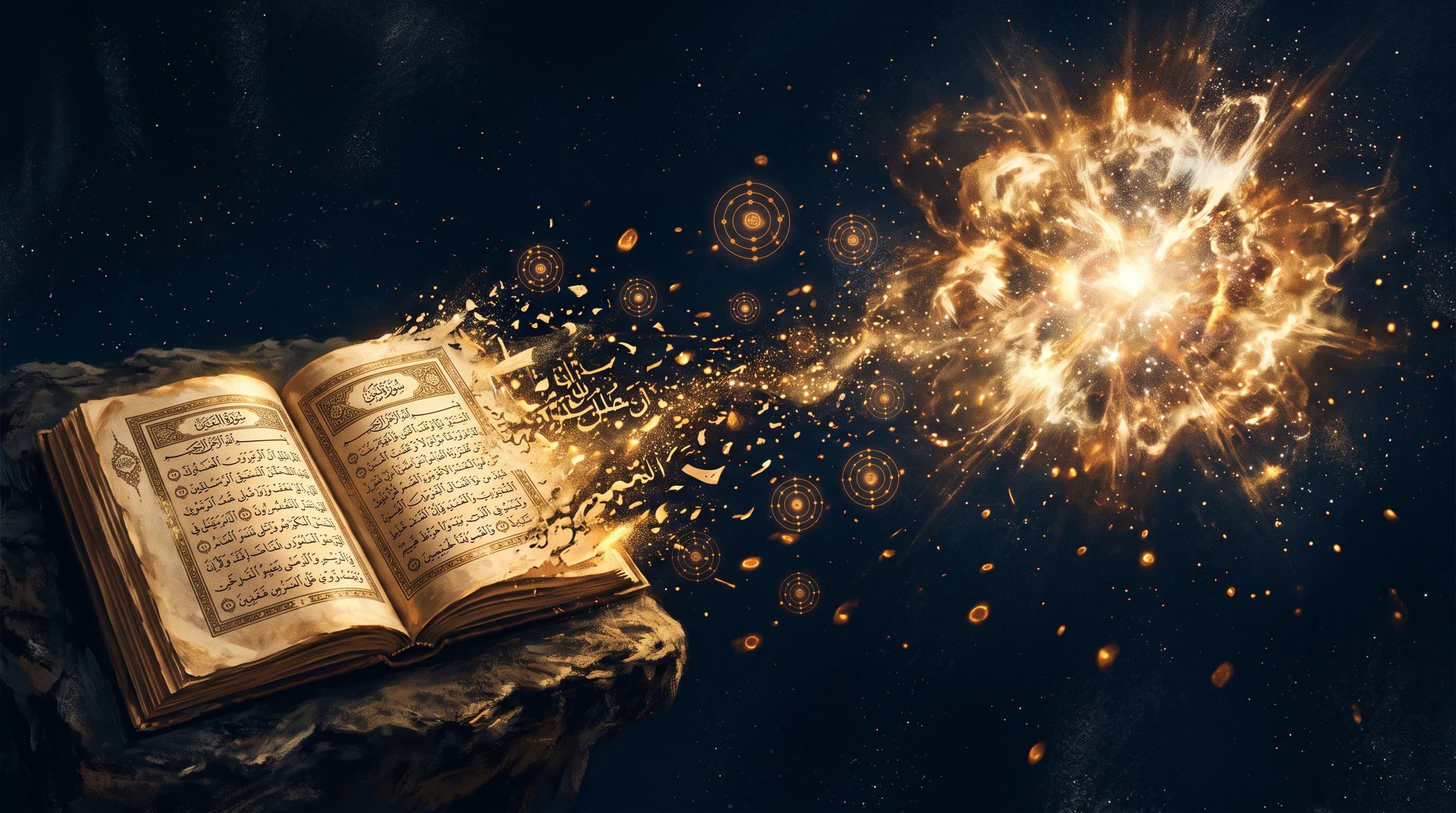 Ilustrasi mushaf Al-Qur'an yang larut menjadi ledakan supernova, melambangkan pertemuan wahyu dan asal-usul kosmik besi