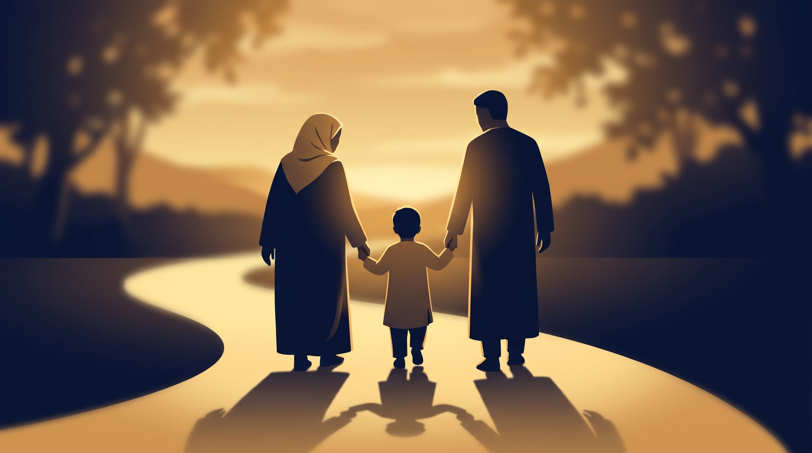 Siluet tiga generasi — kakek, orang tua, dan anak — berjalan bergandengan tangan di bawah cahaya keemasan senja, melambangkan doa qurrata a'yun dan visi kepemimpinan lintas generasi 'Ibadur Rahman