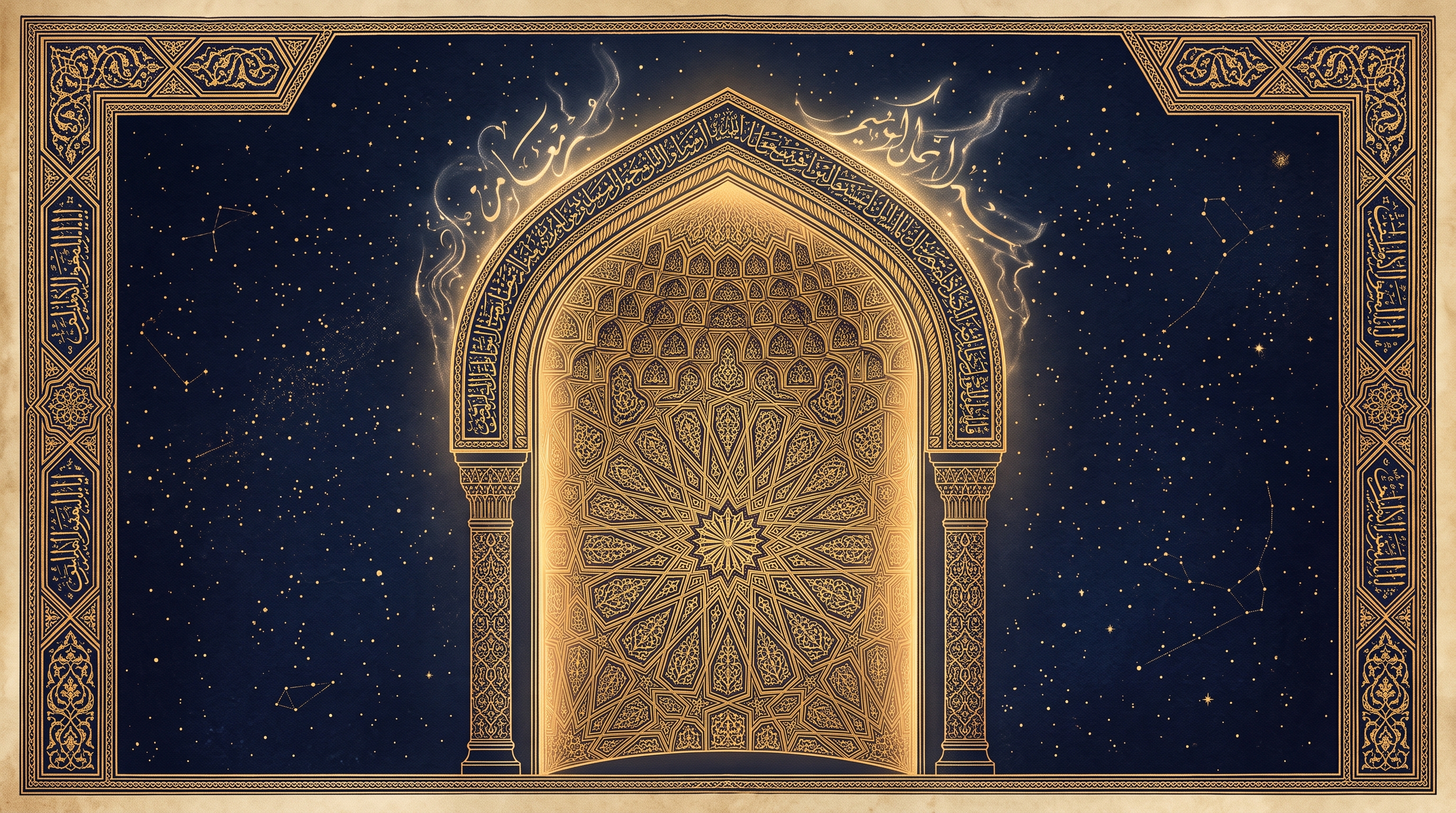 Lengkung mihrab dengan pola geometris Islam dan kaligrafi, melambangkan otoritas wahyu